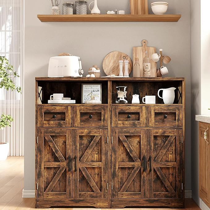 Farmhouse Storage Cabinet with Drawers and Shelves, Kitchen Pantry Storage Cabinet, Floor Hutch Cupboard for Dining Living Room Home Office, Rustic Brown