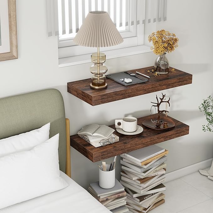 30 Inch Floating Shelves | 12 Inch Deep Brown Floating Shelves Set of 2 | 30" W x 12" D Rustic Wood Shelves for Wall | Deep Brown Shelves for Living Room Bathroom Laundry Room Kitchen