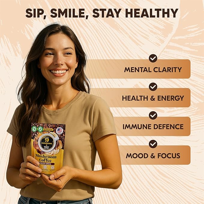 Mushroom Coffee – 10 in 1 Instant Coffee Organic Arabica - Cafe de Hongos w/Lion’s Mane, Turkey Tail, Chaga – Focus, Gut Health, Weight & Immune Support – Low Caffeine, Sugar-Free, Gluten Free 90g (Natural Pack of 1)
