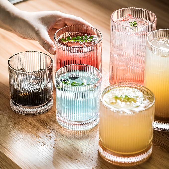 Ribbed Glass Cups Set, 13oz Vintage Drinking Glassware Set, 6 Piece Premium Glassware, Elegant Mixed Glassware Set, Origami Style Cocktail Glasses, Great for Whisky, Iced Coffee & Beverages (6PCS)