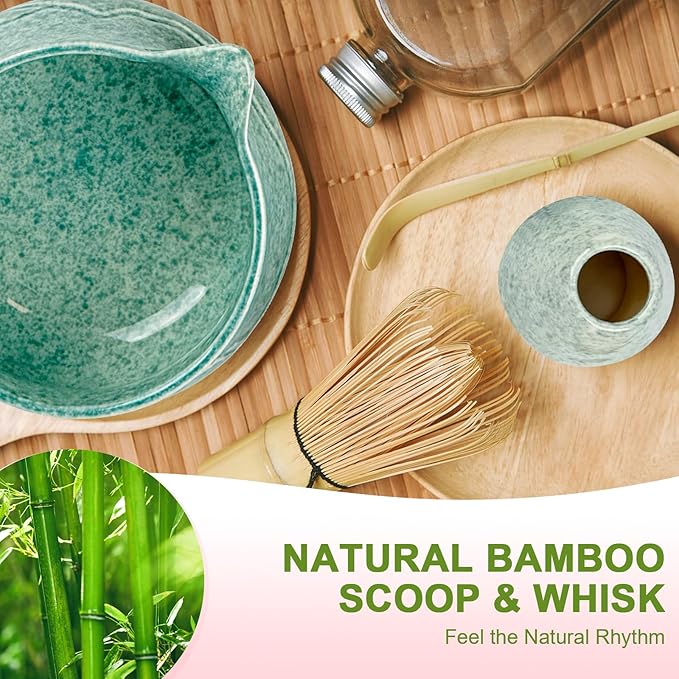Matcha Whisk Set–7pcs Japanese Matcha Set Kit with Matcha Bowl, Bamboo Whisk, Whisk Holder, Scoop, Towel &Sifter–Perfect for Tea Ceremonies&Matcha Lovers (Mountain Relief-Mottled Green)
