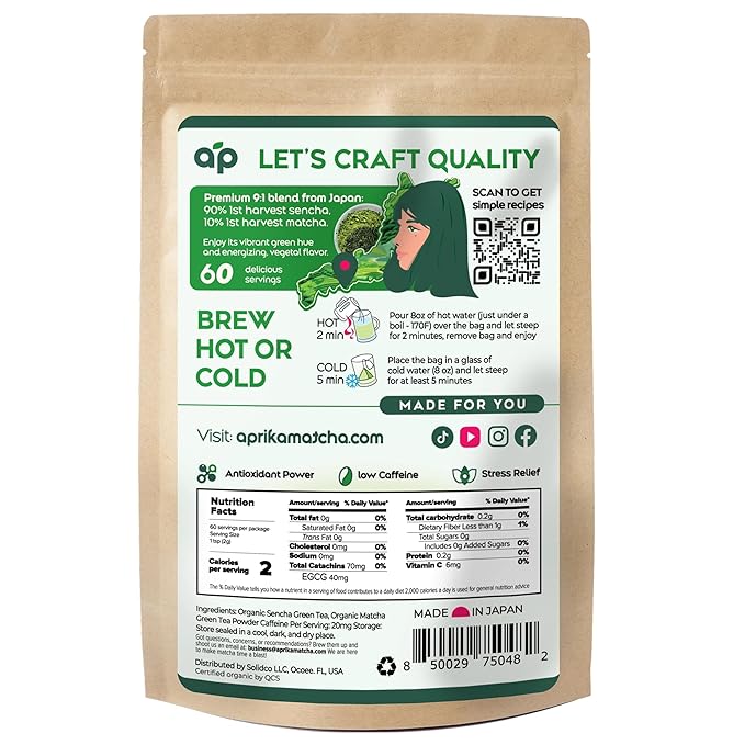 Organic Japanese Matcha Green Tea Bags - Ceremonial Grade Matcha Powder and 1st Harvest Spring Sencha Blend for Unforgettable Taste - 60 Tea Pyramids by Aprika Life