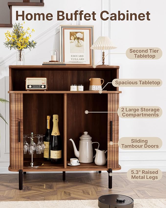 SUNCOZE Fluted Storage Cabinet with Sliding Tambour Doors, Sideboard Buffet Cabinet with Storage, Modern Accent Coffee Bar for Kitchen, Entryway, Living & Dining Room (Walnut)