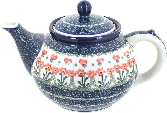 Blue Rose Polish Pottery - Orange Peach Posy Medium Teapot - 4 Cup Capacity - Hand-Painted Polish Pottery Ceramic Coffee & Tea Server