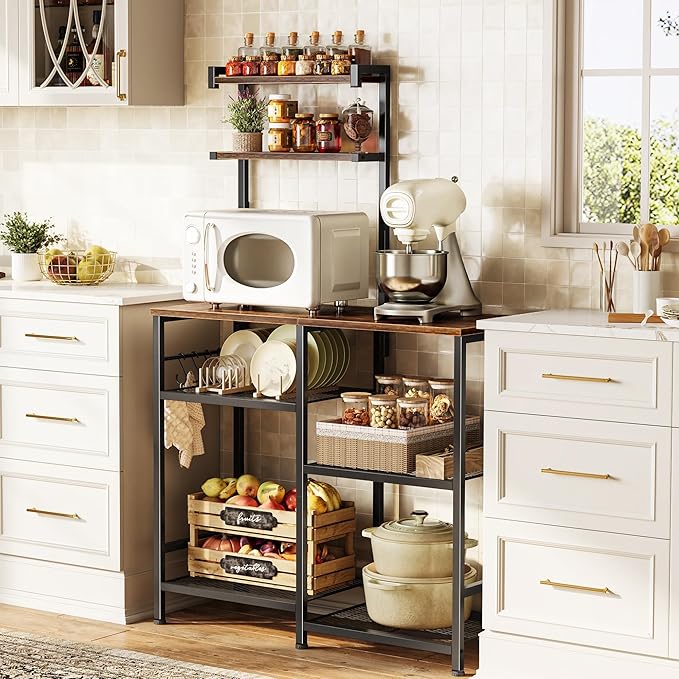 Huuger 31.5 Inch Bakers Rack with Power Outlets, Kitchen Microwave Stand with Storage, Coffee Bar with 4 Hooks, 3-Level Height Open Shelves, Rustic Brown