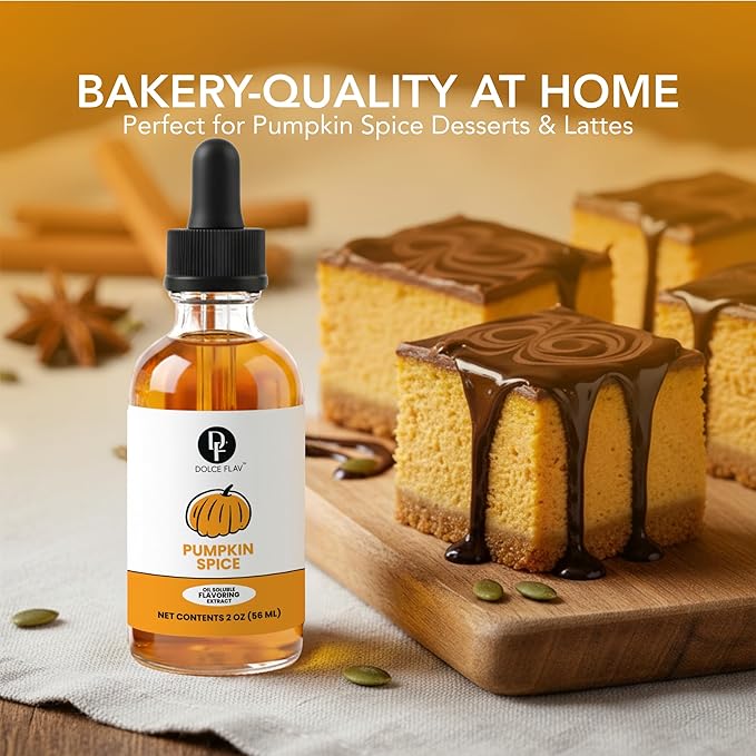 Dolce Flav Natural Pumpkin Spice Extract – 2 Ounce Oil-Soluble Kosher, Sugar-Free, Concentrated Warm Pumpkin Spice Flavoring for Baking, Smoothies & Desserts, Includes Measured Dropper