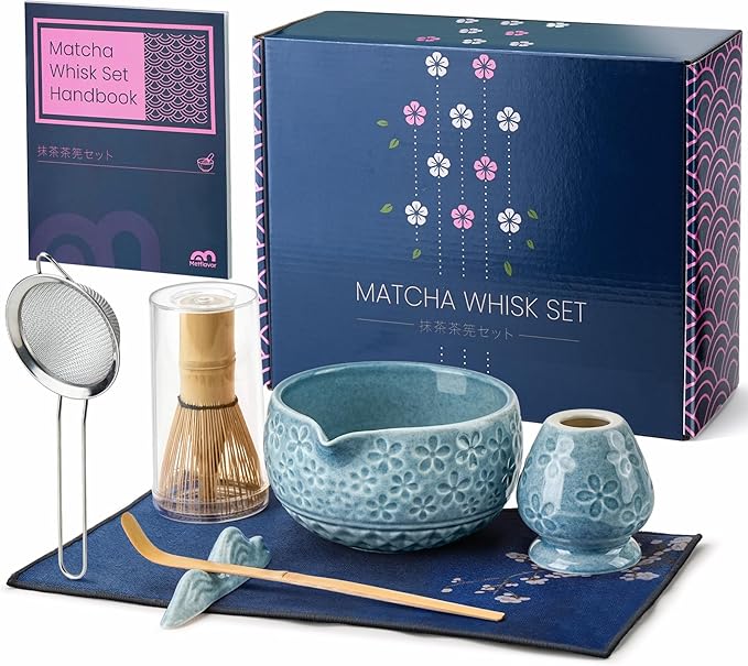 7Pcs Matcha Whisk Set, Ceramic Matcha Bowl with Spout, Bamboo Whisk and Holder,Bamboo Scoop,Scoop Rest,Sifter,Tea Towel, Matcha Kit with Cherry Blossom Carved Patterns for Matcha Lovers (Sakura Blue)