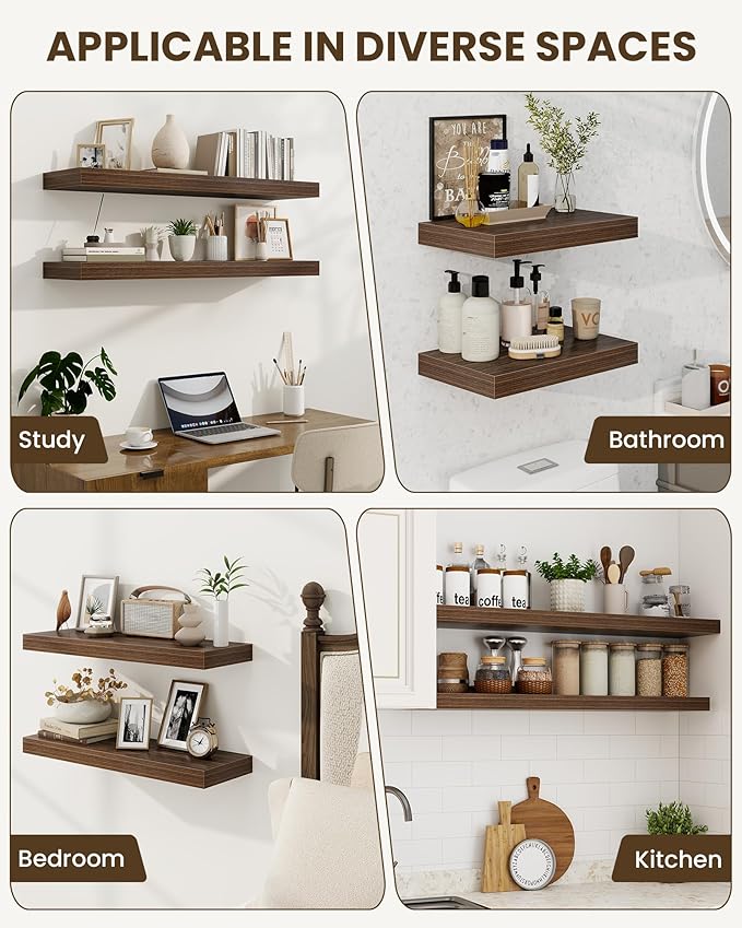 Marsmiles 40" Floating Shelves for Wall, Wooden Shelves with Invisible Brackets Set of 2, Rustic Farmhouse Wall Mounted Shelf for Kitchen Bathroom Living Room Study, Walnut