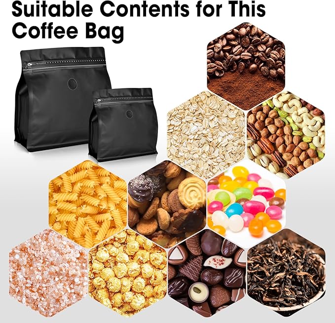 50 Count 8oz Coffee Bags with Valve,1/2 lb Vented Coffee Beans Packaging Bags High Barrier Aluminumed Foil Flat Bottom Heat Sealed Side Zipper Resealable Storage Bag for Home or Business（Black）