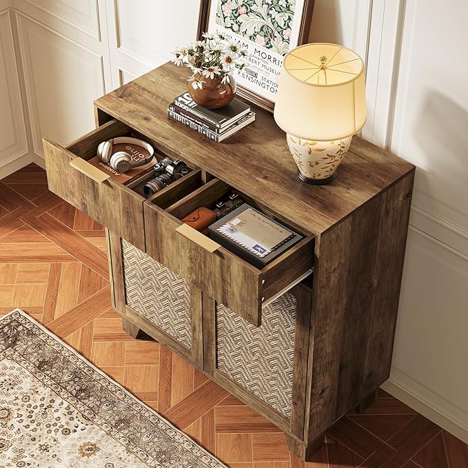 ONBRILL Sideboard Buffet Cabinet with 2 Drawers, Coffee Bar Cabinets with 2 Doors, Boho Farmhouse Accent Credenza Buffet Table Console Cabinet with Adjustable Shelves for Living Room, Entryway, Brown