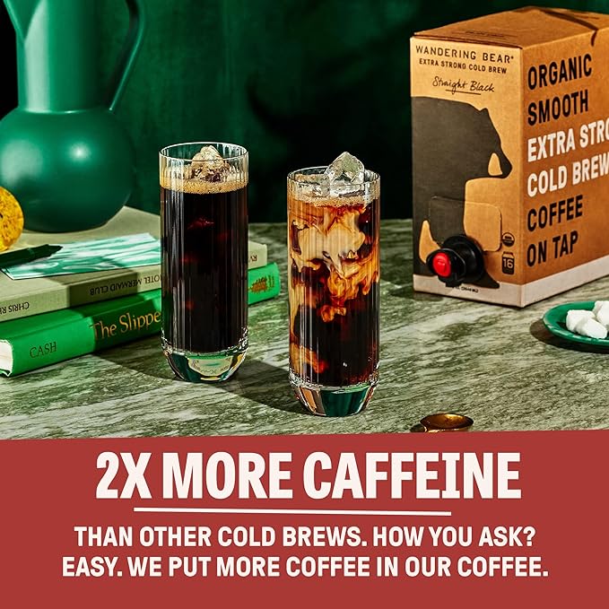 Wandering Bear Organic Mocha Cold Brew Coffee On Tap, Iced Coffee Drink - Extra Strong, Bold, Smooth, No Sugar Added, Shelf-Stable, Ready to Drink,Gluten Free & Vegan -16 Servings of 6fl.oz -96fl.oz
