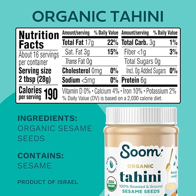 Soom Foods Organic Tahini 16oz (1 Pack) | Roasted & Ground Sesame Seed Paste | Creamy Tahini for Dubai Chocolate, Hummus, Sauces | Vegan, Nut-Free, Gluten-Free, Kosher, Keto, Paleo, Whole30