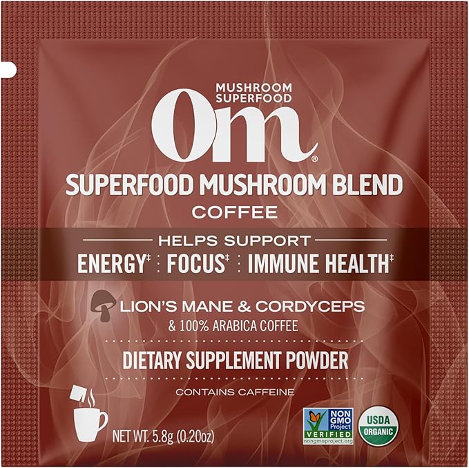 OM MUSHROOM SUPERFOOD Coffee Blend – Organic Arabica with Lion’s Mane, Cordyceps, Reishi, Turkey Tail & Ginkgo Biloba – Supports Energy, Focus & Mental Clarity – Single Serve Pack (10 Count)