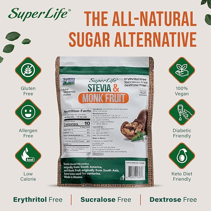 Super Life Stevia & Monk Fruit Sweetener – Low-Glycemic Index, Erythritol-Free Sugar Alternative for Baking, Beverages & Caramelizing | Non-GMO, Low-Calorie, Keto Diet Friendly – 8.8oz / 250g