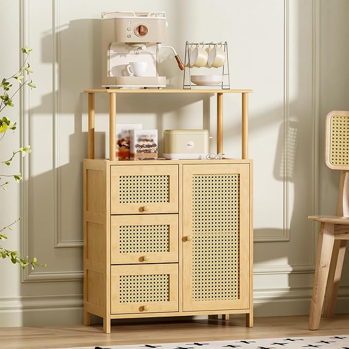 Amazer Sideboard Buffet Cabinet with Storage, Bamboo Storage Cabinets, Rattan Sideboard with Adjustable Shelf, Pantry Cupboard for Kitchen Living Room Entry Coffee Bar, Natural Color