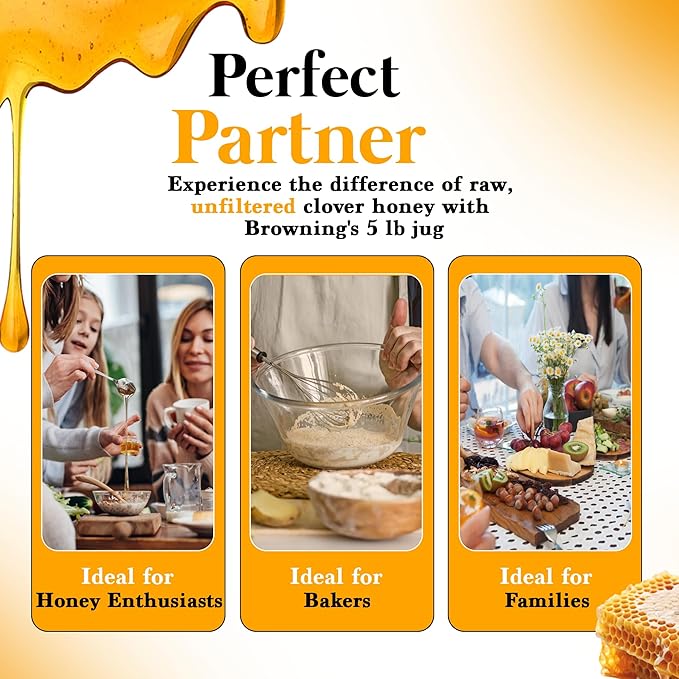 Browning's Honey Jug - Pure Raw Clover Honey, Natural Sweetener, Unfiltered and Unpasteurized, Perfect for Cooking, Baking, and Beverages (3 lb Jug)