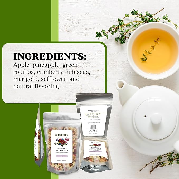 Nelson's Tea Pineapple Melon Punch - Caffeine Free, Cut & Sifted Rooibos Green Tea with Apple, Cranberry, Hibiscus, Marigod and Safflower Loose Leaf Tea (Sample 0.2 Oz)