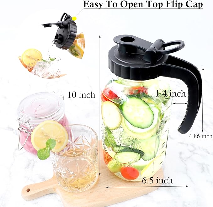 Glass Mason Jars Pitcher With Spout Lids 2 Quart Airtight Breastmilk Pitcher For Fridge Half Gallon Wide Mouth Water Jugs 64 Oz With Top Flip Cap for Cold Coffee, Ice Sun Tea,Lemonade Leakproof