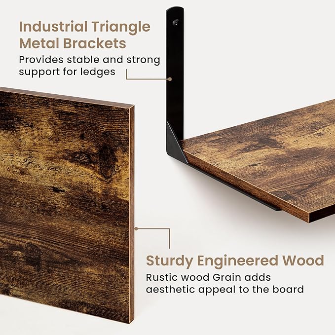 Fun Memories Rustic Brown 12 Inch Deep Floating Shelves Set of 2, Wall Mounted Shelf with Metal Brackets, Rustic Wood Wall Shelf for Bathroom, Kitchen and Living Room, Rustic Brown, 55W x 12D