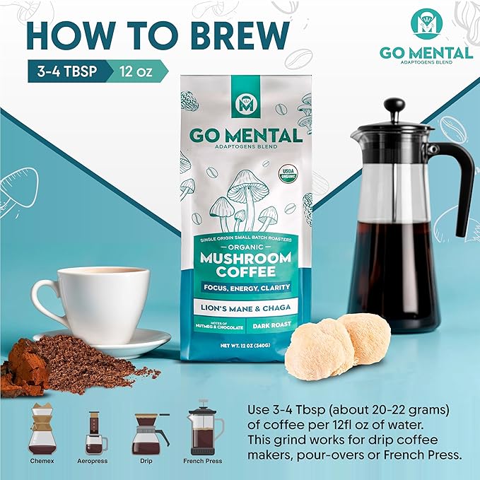 Organic Lion's Mane & Chaga Mushroom Coffee Ground Dark Roast, Full Fruiting Bodies, For Enhanced Brain Function, Immune Support, Wellbeing Grade 1 Single Origin, 12oz - Ground