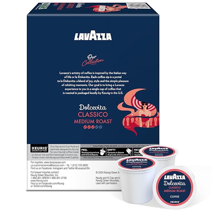 Lavazza Dolcevita Classico Keurig K-Cup® Pods, Medium Roast, Arabica and Robusta Blend (88 Pods)