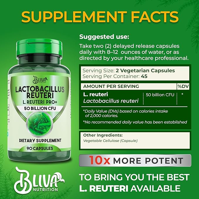 BLIVA Lactobacillus Reuteri Capsules – L Reuteri - 50 Billion CFU per Serving - Highest CFU Count L Reuteri Supplement - 90 Capsules