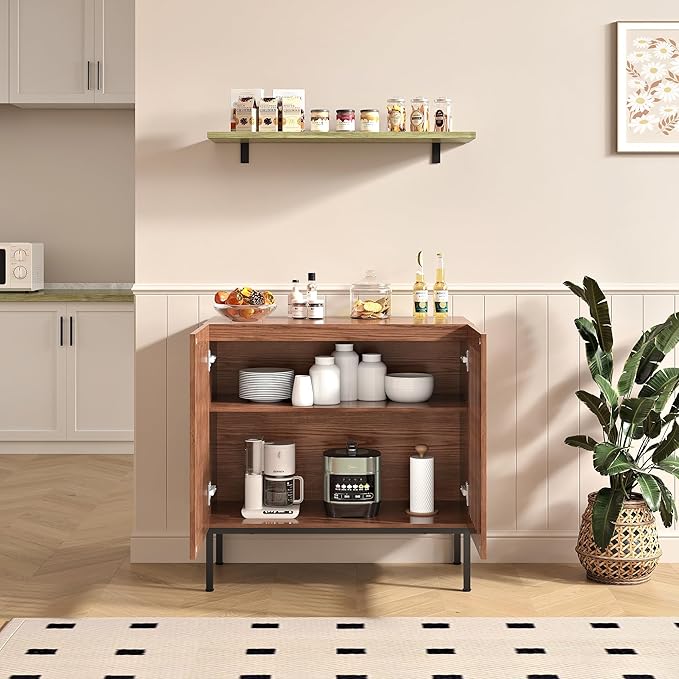 Storage Cabinet, Modern Coffee Bar with Adjustable Shelf and Metal Base, 32 Inch Wood Multifunctional Console Table for Kitchen, Living Room, Entryway, Brown