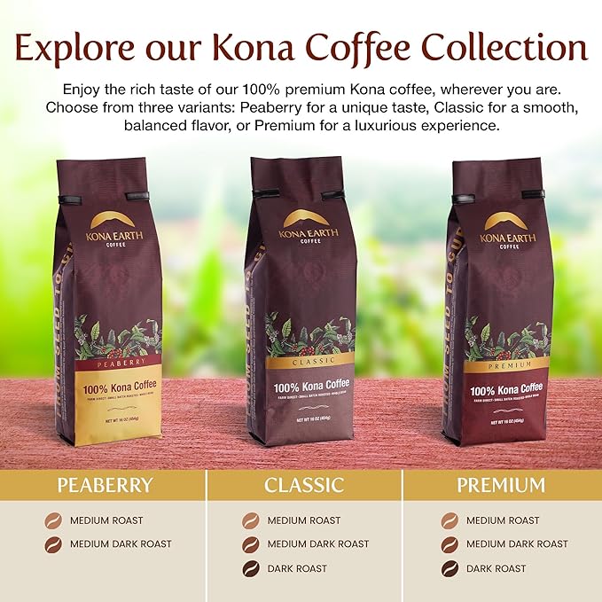 KONA EARTH 100% Kona Premium Coffee, Medium Roast, Whole Bean, 1 lb (16oz) Farm-Direct Authentic Hawaiian Kona Coffee beans from Hawaii’s Big Island, Micro-Batch-Roasted