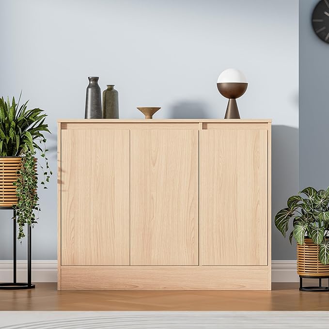 Buffet Cabinet with Storage, Coffee Bar Cabinet with 3 Doors and Adjustable Shelf, Modern Kitchen Buffet Sideboard for Living Room, Kitchen, Oak