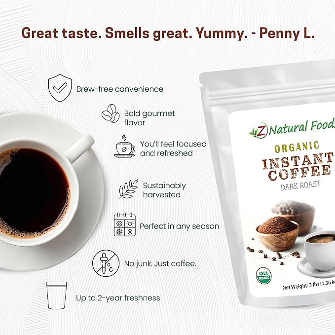 Z Natural Foods Organic Instant Coffee Powder - Rich Dark Roast Flavor, Arabica Instant Espresso Powder with Antioxidants to Boost Energy, Mood & Focus - Gourmet Instant Coffee in Resealable Bag, 3 lbs