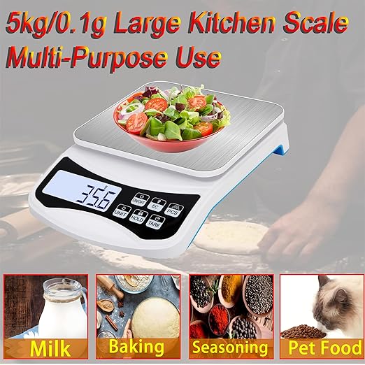 11lb/5kg Rechargeable Digital Kitchen Scale, 0.1g/0.001oz Precision Food Scale, Digital Grams and Ounces for Weight Loss, Baking,Cooking and Meal Prep,7 Units with Tare Function and Backlit LCD