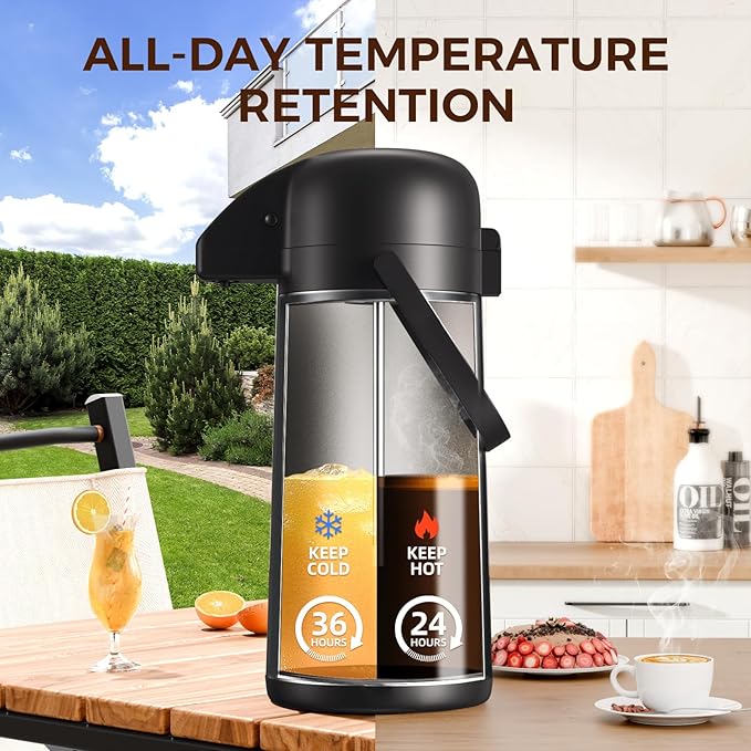 Coffee Carafe for Keeping Hot - Gezoss 102OZ / 3L Airpot Coffee Dispenser with Pump - Large Coffee Thermos for Hot Drinks Tea Liquid - Insulated Stainless Steel Hot Water Beverage for Parties,Black