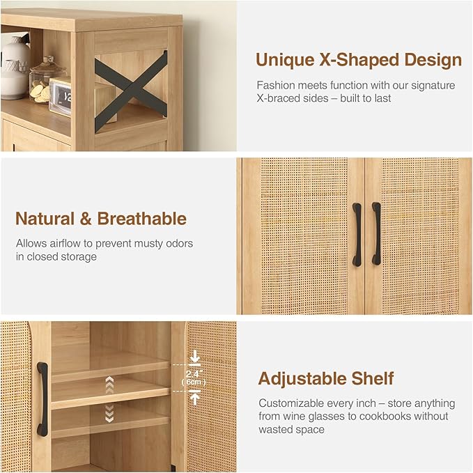 Vabches Rattan Buffet Sideboard, Boho Storage Cabinet with 2 Drawers and Adjustable Shelves, Farmhouse Coffee Bar Station Microwave Stand with Storage for Kitchen, Dining/Living Room, Natural