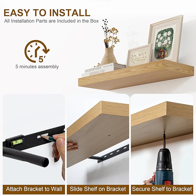 Fun Memories Floating Shelves for Wall, 55Inch Floating Shelves Set of 2, Hanging Shelf with Invisible Brackets, Wood Shelves for Living Room, Bedroom, Kitchen, Oak