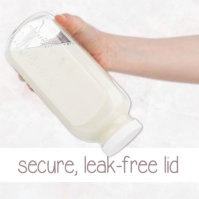 kitchentoolz 32oz Square Glass Milk Bottle with Plastic Airtight Lids Vintage Reusable Quart Sized Dairy Drinking Containers for Milk, Yogurt, Smoothies, Kefir, Kombucha, and Water- Pack of 2