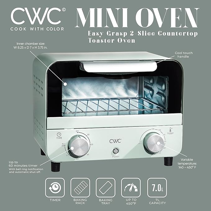 COOK WITH COLOR Mini Toaster Oven: 600W Power, Precision Timer, Auto Shutoff, and Culinary Delights Up To 450 Degrees, Sage