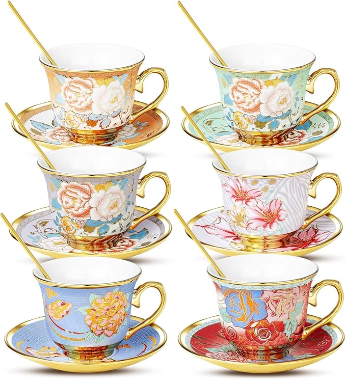Tea Cups and Saucers, Tea Cup Set of 6, 8 OZ Floral Cups Porcelain Cup Set for Cappuccino, Coffee, Afternoon Tea Birthday Party Supply Christmas gift