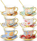 Tea Cups and Saucers, Tea Cup Set of 6, 8 OZ Floral Cups Porcelain Cup Set for Cappuccino, Coffee, Afternoon Tea Birthday Party Supply Christmas gift