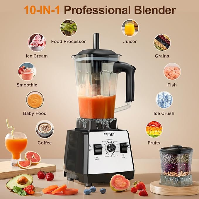 Blenders for Kitchen, Smoothie Blender, 2400W/1000W Prasky Blender & Grinder Combo, 25,000 RPM High Speed, 68oz BPA-Free Food Processor, Countertop Blender for Smoothies, Shakes & Food (White, 2L)