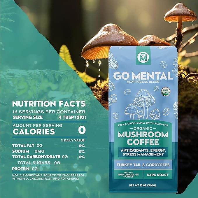Organic Turkey Tail & Cordyceps Mushroom Coffee Dark Roast, Full Fruiting Body, Antioxidants, Immune System support, overall wellness | Grade 1 Single Origin Peruvian | 12oz - Ground