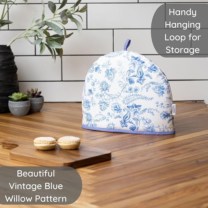 Muldale Large Tea Cozy for Teapot British - 100% Cotton Extra Thick Wadding Tea Pot Cover Designed in England - Insulated Teapot Cozy for English Tea Sets - Vintage Blue Floral