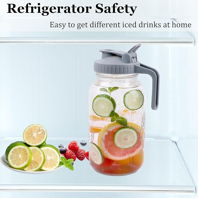 Mason Jar Pitcher Wide Mouth 2 Pack 64 OZ Glass Pitcher With Pour Spout Lids Airtight Leak-proof 2 Quart Water Carafe With Handle For Beverage, Iced Tea, Milk, Sun Tea, Lemonade, Iced Coffee