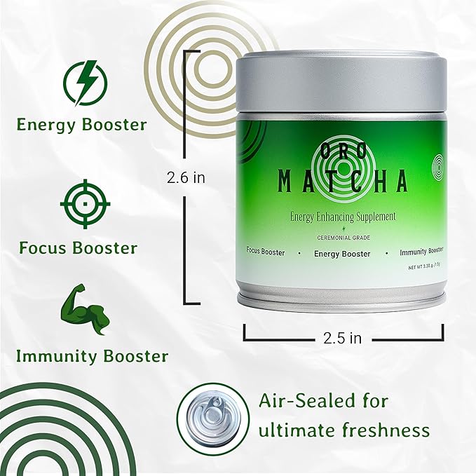 ORO MATCHA - Matcha Energy Booster Supplement (30g) - Organic Ceremonial Green Tea Powder - Blend for Focus & Clarity Support, Perfect Coffee Alternative Made - Zero Sugar, Vegan & 0 Calories