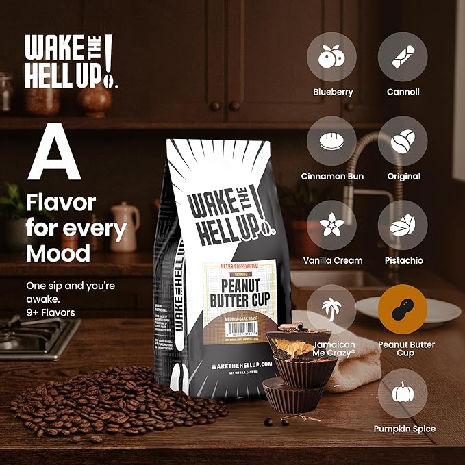 Wake The Hell Up! 1lb Ultra-Caffeinated Peanut Butter Cup Ground Coffee, Low Acid, Medium-Dark Roast