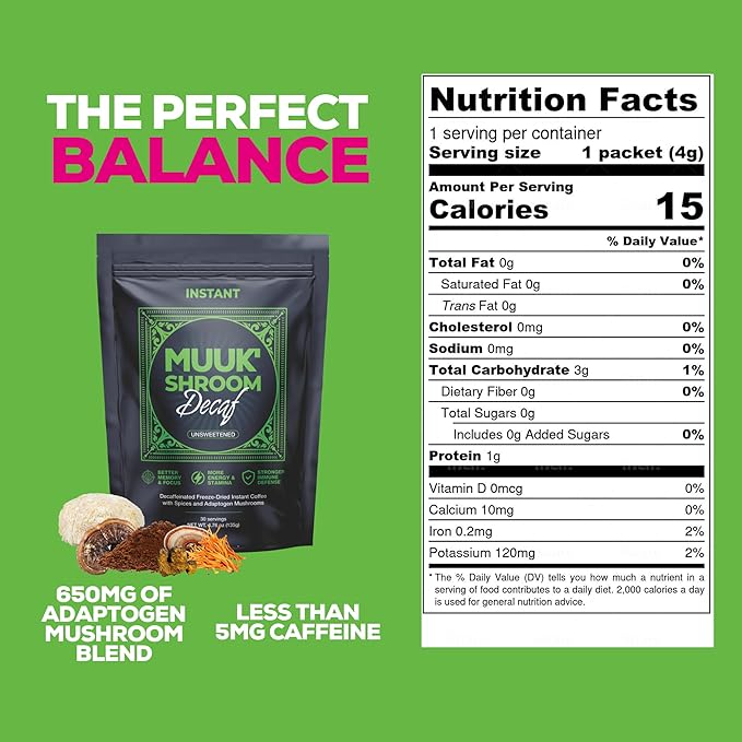 MUUK' SPICED DECAF | Decaffeinated Mushroom Coffee | Cacao, Cinnamon & Cardamom | Adaptogen Mushroom Blend | Better Focus, More Energy and Stronger Immune Defense | 4.7oz (135g) 30 Servings