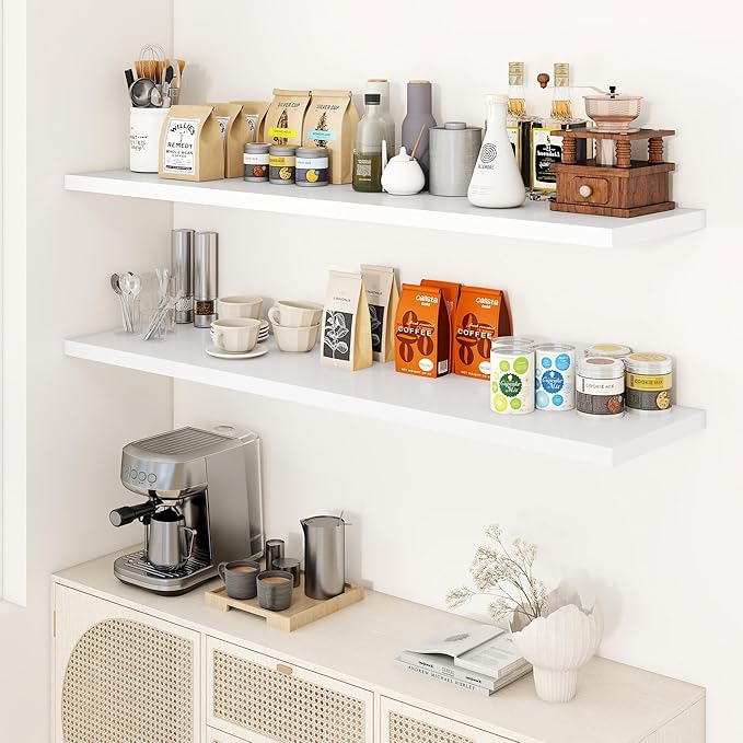 Dreamland 55" Floating Shelves for Wall, 12" Deep Slim White Floating Shelves, Wall-Mounted Shelves for Bedroom, Living Room, Kitchen, Bathroom - Set of 2