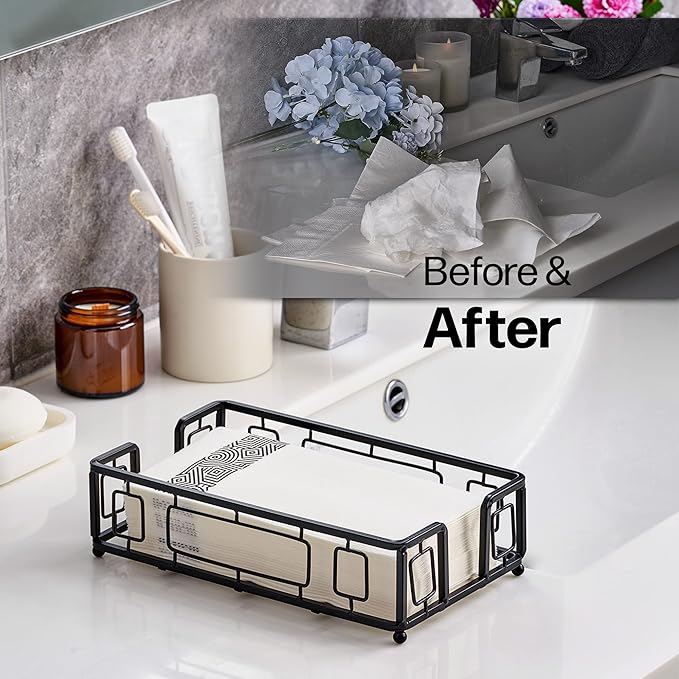 Guest Towel Holder Tray for Bathroom – Black Napkin Holder for Disposable Paper Hand Towels, Vanity Countertop Hand Towel Organizer, Modern Bathroom Accessory for Guest Napkins