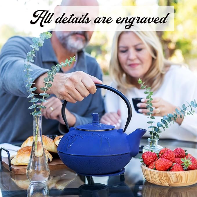 XXL Japanese Cast Iron Teapot with Infuser & Matching Trivet - Large 85 Oz/2500ml Tetsubin Loose Leaf Tea Pot with Enamel Interior - Handcrafted Big Cast Iron Tea Kettle Humidifier Set - Blue