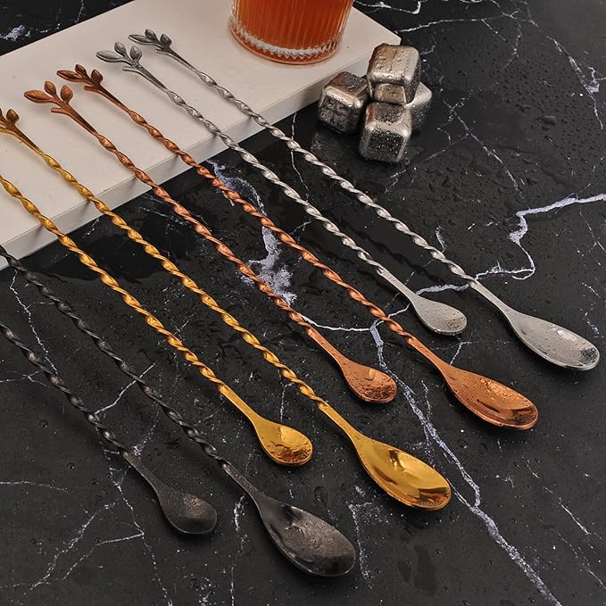 AnSaw Rose Gold 12-Inch Stainless Steel Cocktail Spoon with Leaf Handle - Perfect for Mixing & Layering Drinks in Tall Cups, Bar & Shakers - Durable Long Handle Bar Stirrer,2-Pieces
