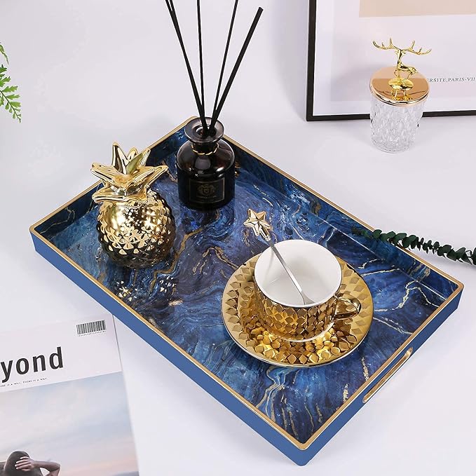 Zosenley Decorative Tray, Marbling Plastic Tray with Handles, Rectangular Vanity Tray and Serving Tray for Bathroom, Kitchen, Ottoman and Coffee Table, 15.6” x 10.2”, Blue